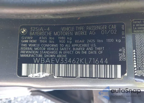 2002 BMW 325I из США, поврежденный, VIN WBAEV33462KL71644